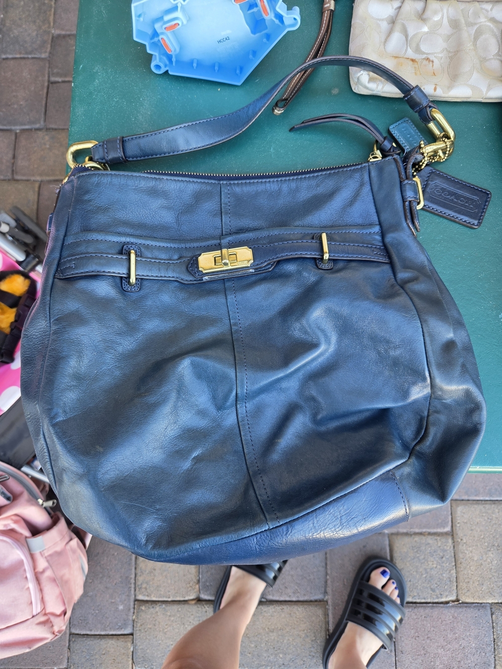 Coach Navy Leather Shoulder Bag with Gold Hardware